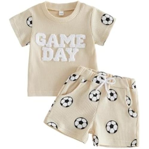 Kupretty Toddler Baby Boy Clothes Summer Baseball Outfits Waffle Knit Play Ball Embroidery Crewneck T-shirt + Shorts Set