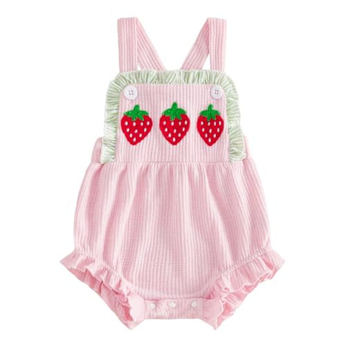 Baby Girl Summer Rompers Strawberry/Watermelon Embroidery Ruffle Bubble Overalls Cute Infant One Piece Jumpsuits