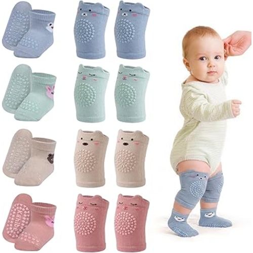 8 Pairs Baby Knee Pads and Non Slip Socks Set, Anti Slip Toddler Grip Socks with Crawling Protectors