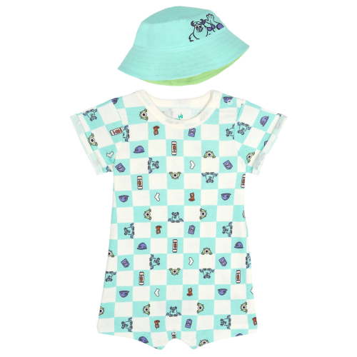 Disney Pixar Monsters Inc Romper and Reversible Sun Hat Set Sulley and Mike Teal