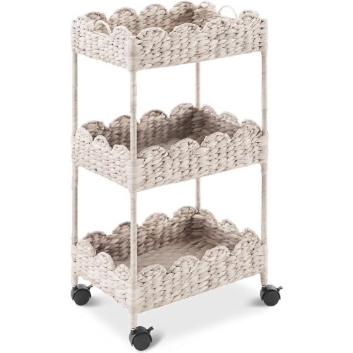 Best Choice Products 3-Tier Scalloped Nursery Caddy w/Wheels, Handwoven Utility Cart, Storage Organization for Bathroom, Craft Room, Laundry Room - Natural