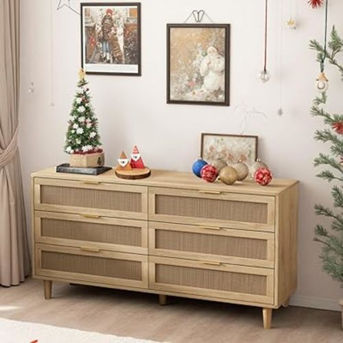 Rattan Dresser for Bedroom with 6 Drawer, 59.06" Boho Dressers for Bedroom, Modern Wooden Chest of Drawers, Storage Cabinet with Gold Handles, TV Stands for Living Room Entryway Natural L