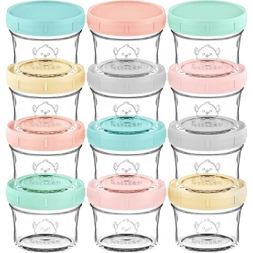 KeaBabies 12pk 4oz Glass Baby Food Containers with Lids - Leak-Proof, Microwavable Small Glass Jars, Baby Purees & Toddler Snack Storage Containers, BPA-Free, Dishwasher & Freezer Safe (Pastels)