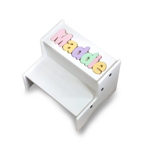 Child's Personalized Name White Two-Step Puzzle Stool - Pastel Colors