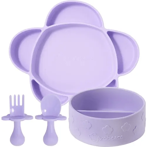 Grabease Portion Control Plate - Silicone Suction Plates for Baby-Led Weaning and Toddler Meals - Suction Bottoms 4 Piece Set, BPA and Phthalates-Free, Lavender