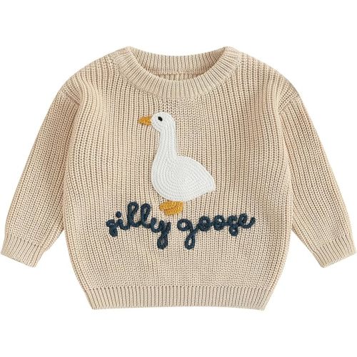 Toddler Baby Boy Girl Knit Sweater Silly Goose Embroidery Long Sleeve Knitted Sweatshirt Warm Fall Winter Clothes