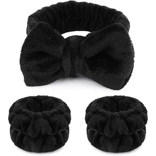 WSYUB Makeup Headbands Set - 1 Black Spa Headband & 2 Wrist Bands