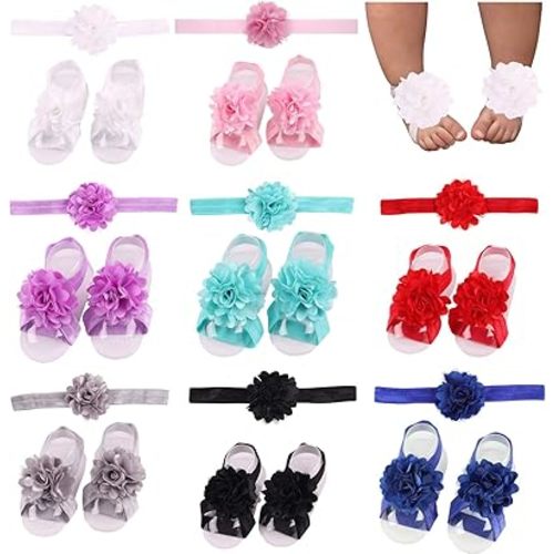 8 Pairs Satin Flower Headbands & Barefoot Sandals for Baby Girl Infants Toddlers (8 Pairs S1)