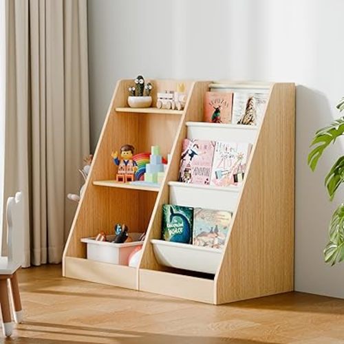 3 Tier Kids Wooden Bookshelf with Extra Pocket, Baby Toddler Bookshelf and Toy Storage Organizer with Three Layer Sling Bookcase for Kids Room Playroom Nursery Classroom