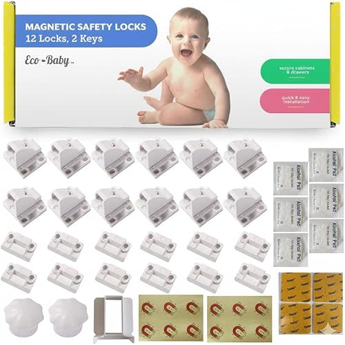 Eco Baby Magnetic Cabinet Locks for Babies - Magnetic Baby Proofing Cabinet Locks, Child Locks for Cabinets Drawers Doors for Back to School - Easy Installation No Tools Required (12 Pack and 2 Keys)