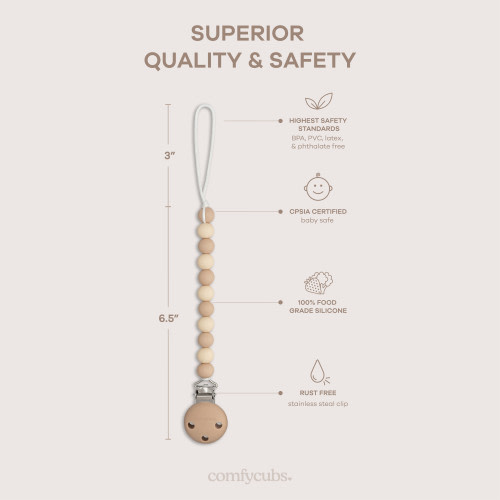 Pacifier Clips 100% Food Grade Silicone (2 Pack) - Beige, Light Beige, And White