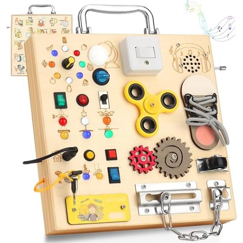 Wooden Busy Board with LED Light–Montessori Baby Learning Toys for Toddlers , Sensory Activity Board, Travel Toys & Educational Birthday / Christmas Music Gifts for Boy & Girl (Silver Handle)