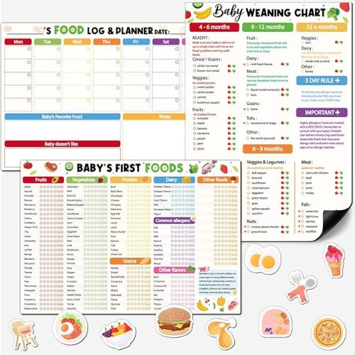 13Pcs Baby's First Food Tracker Fridge Magnet-Reusable Baby Weaning Chart Food Log Meal Planner 101 Foods Before 1 Checklist for Introducing Solids with 10 Cute Fridge Magnets (Classic Colorful)
