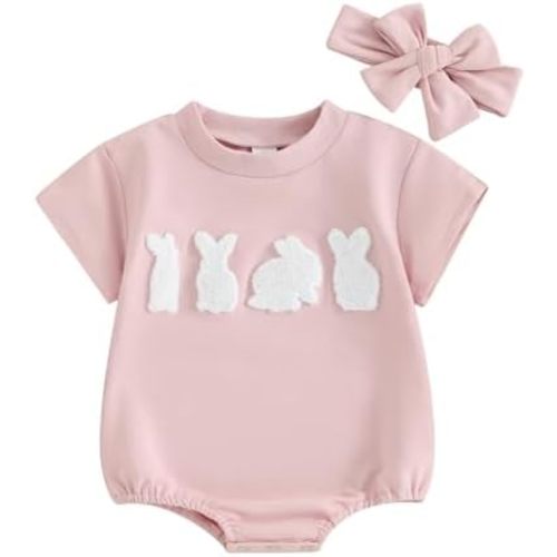 FYBITBO Newborn Baby Girl Easter Outfit Bunny Romper Short Sleeve Bodysuit Jumpsuit Headband Infant My First Easter Clothes