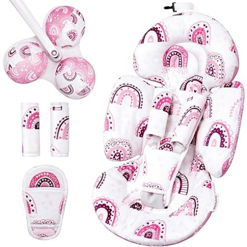 Infant Insert Compatible with 4moms Mamaroo Swing and Infant Carseat, Including 3 Replacement Toys, Reversible Newborn Insert for Baby Swing, Stroller, Bouncer, Soft Fabric - Mauve Rainbow