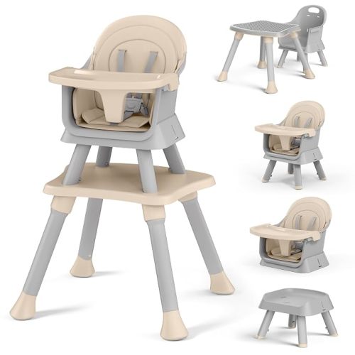 Kinder King 8 in 1 Baby High Chair, Coverts to Dining Booster Seat/Kids Table & Chair Set/Toddler Building Block Table/Kids Stool, Removable Tray & Double Seat Cover, Easy to Wipe, Grey & Coffee