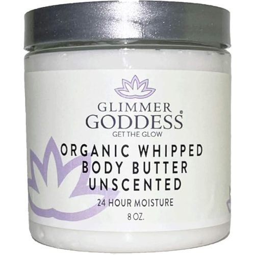 Glimmer Goddess Organic Whipped Body Butter for Women - Moisturizer Cream with Shea & Cocoa Butter, Almonds & Coconut Oil - Unscented, 8oz