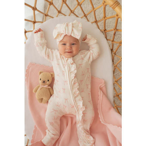 Essential Frill Zip Romper | Pink Bows – Little and Fern