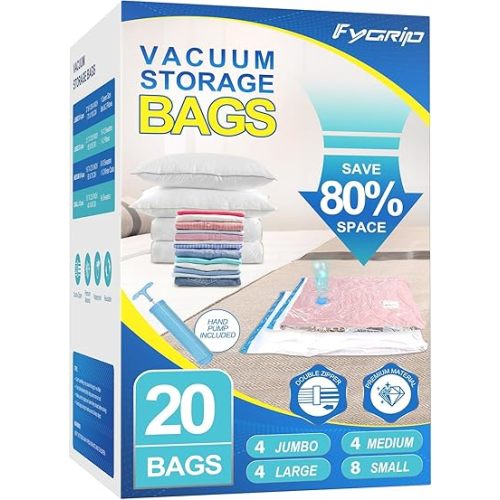 Fygrip 20 Combo Vacuum Storage Bags with Hand Pump, Plastic Packaging Bags, 80% Space Saver Vacuum Seal Bags for Clothing, Travel Lugggage, Blankets, Comforters