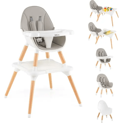 BABY JOY 6 in 1 High Chair, Convertible High Chairs for Babies and Toddlers/Booster Seat/Table and Chair Set, Infant Wooden Highchair w/ 5-Point Harness, 4-Position Removable Tray & PU Cushion (Gray)