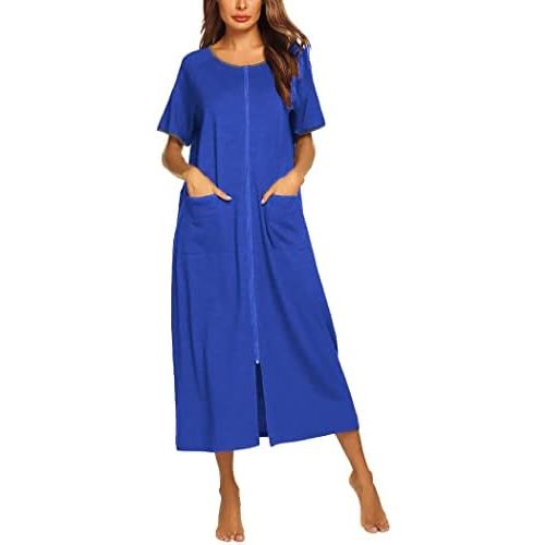 Ekouaer Women Robes Zipper Front Short Sleeve Full Length Housecoat with Pockets Loungewear S-4XL