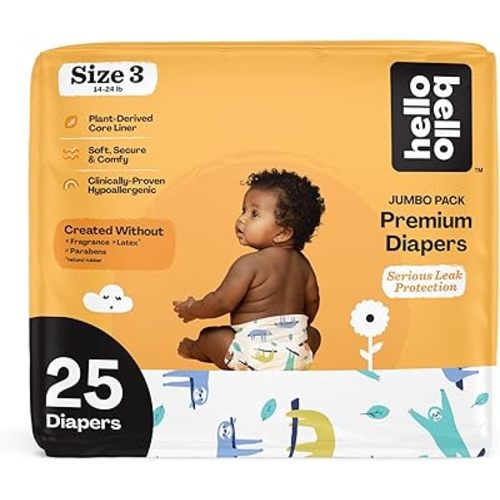 Hello Bello Premium Baby Diapers Size 3, 25 Count of Disposable, Extra-Absorbent, Hypoallergenic Baby Diapers with Snug and Comfort Fit, Sleepy Sloth