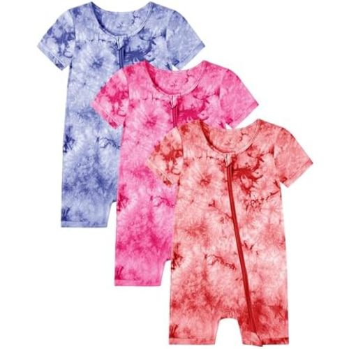Jimonda Baby Girl Boys Rayon From Bamboo Pajamas 3 Pack Short Sleeve Footless Romper 2 Way Zipper Tie Dye Pjs Sleeper 0-24M