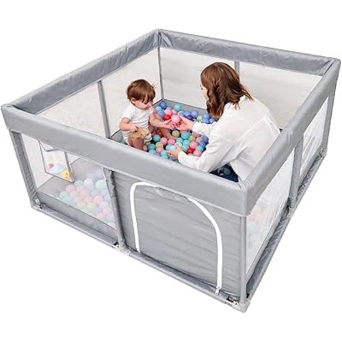 PandaEar Baby Playpen, Large Playpen for Toddlers, Sturdy Baby Play Yards with Soft Breathable Mesh, Indoor & Outdoor Kids Activity for Infant Safety (127×127 cm) (LightGrey)