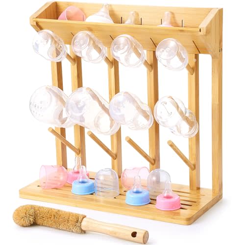 Geelin Bamboo Baby Bottle Drying Rack for 12 Bottles Large Vertical Baby Bottle Dryer Holder with Wooden Clean Brush Coconut Fibre Brush for Saving Space Busy Parents Quick Drying Easy Cleanup Storage