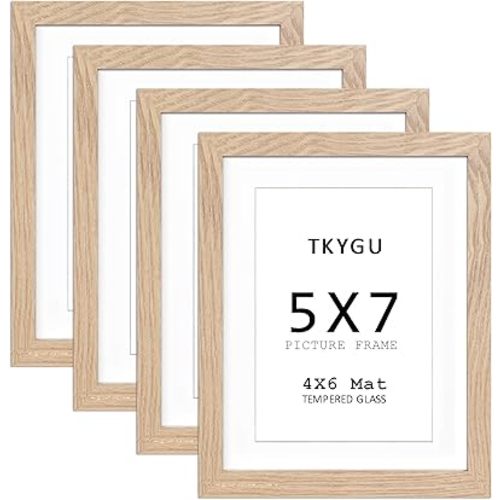 TKYGU 5x7 Natural picture frame with mat 4x6 set of 4, Modern Style Wood Composite frames-Tempered Glass Table or wall-horizontal or vertical frames best gift home decor