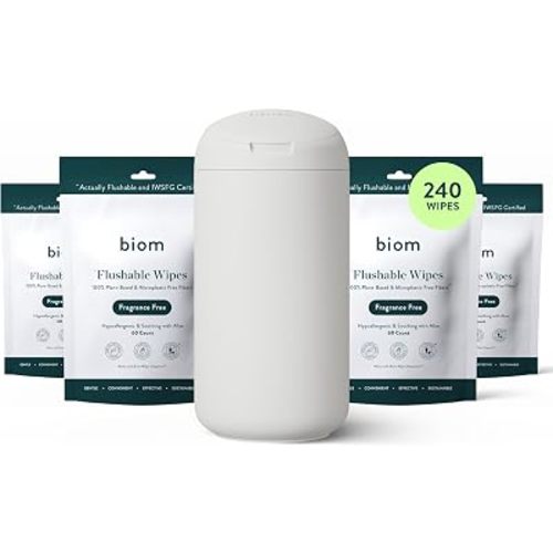 Biom Flushable Starter Kit - 4pk Flushable Wipes + Refillable BPA-Free Dispenser- Biodegradable, Plant-Based, Non-Toxic Wet Wipes for Adults & Baby - Home & Travel (White)
