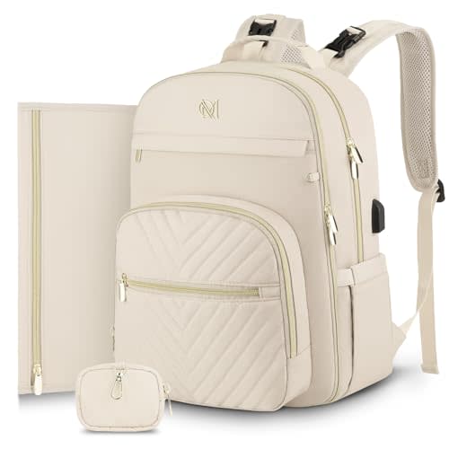MOMUVO Diaper Bag Backpack, Quilted Baby Bag with Changing Pad and Stroller Straps and Pacifier Case, Multifunction Waterproof Travel Diaper Bags, Unisex, Beige