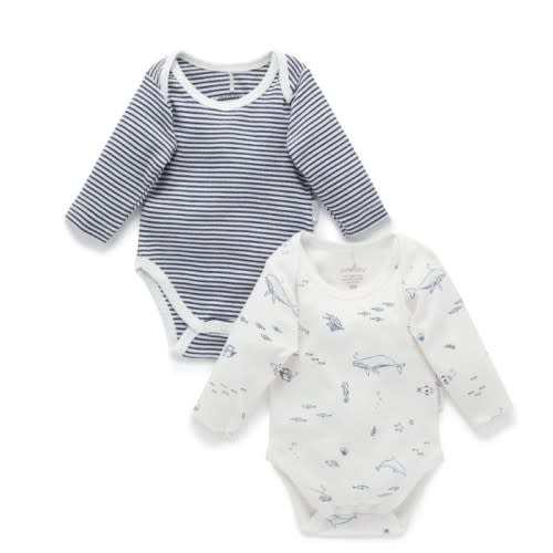 Blue 2 Pack Easy Neck Long Sleeve Bodysuit - Baby Bodysuits - Purebaby - Purebaby