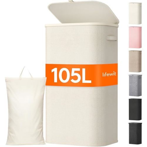 Lifewit 105L Large Laundry Basket with Lid, Laundry Hamper with Plastic Handles and Removable Bag, Foldable Tall Dirty Clothes Hampers for Laundry for Laundry Room, Bedroom, Bathroom, Dorm, White