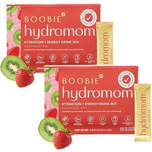 Boobie Hydromom Superfood Electrolyte Drink Mix, Strawberry Kiwi | Refreshing Energy & Hydration Boost for Mamas | On-The-Go & Travel Essentials for Pregnancy, Lactation, & Beyond - 2 Pack