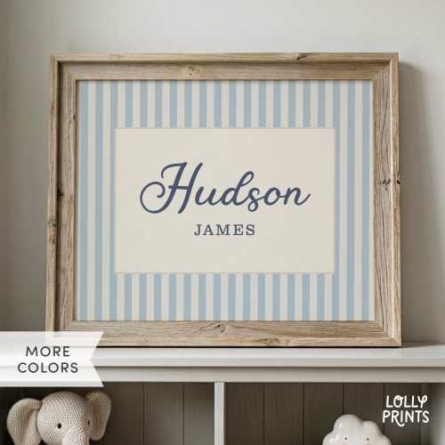 Personalized Name Sign Stripes Cursive Font Nursery Print, Custom Name Kids Wall Art, Personalized Baby Gift Poster Print