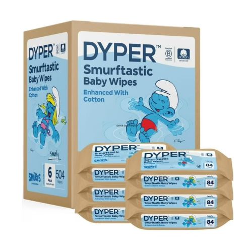 DYPER Smurftastic Baby Wipes for Sensitive Skin - 504 Count - 99% Water & Plant-Based, Hypoallergenic Unscented Baby Wipes, Cotton-Enhanced Fragrance Free Diaper Wipes, (6 Pack)