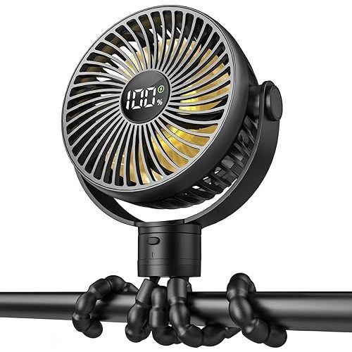 TriPole Portable Pram Fan 4000mAh Rechargeable Stroller Baby Fan 25H Battery Life, Head Detachable Mini Clip on Fans, 4 Speed Personal Desk Fans with Night Light for Car Seat Crib, Black (Black)