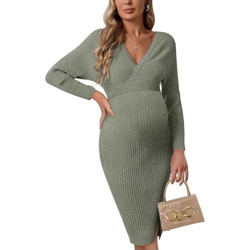 Wrap V Neck Maternity Sweater Dress Rib Knit Batwing Open Back Slit Pregnancy Dresses Baby Shower Photoshoot Outfit