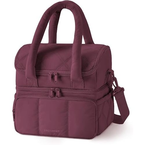 BAGSMART Lunch Bag Women, Double Deck Insulated Lunch Box, Quilted Puffer Lunch Tote, Leakproof, Durable & Reusable Large Lunch Cooler For Work Picnic Travel Meal Prep, Wine Red