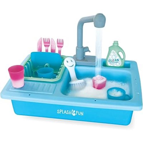 The Bubble Factory SPLASHFUN Wash-up Kitchen Sink Play Set, Color Changing Play Cups & Accessories, Running Water Pretend Play, 15 Pieces, Age 3+, Kitchen Toy Set with Working Faucet, Easy Storage