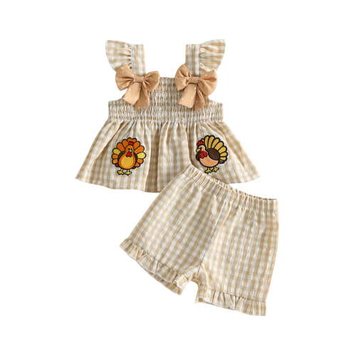 Loicainy Baby Toddler Girl Thanksgiving Outfit 3 6 9 12 18 24 Months Flying Sleeve Tops and Shorts 2Pcs Plaid Clothes Set