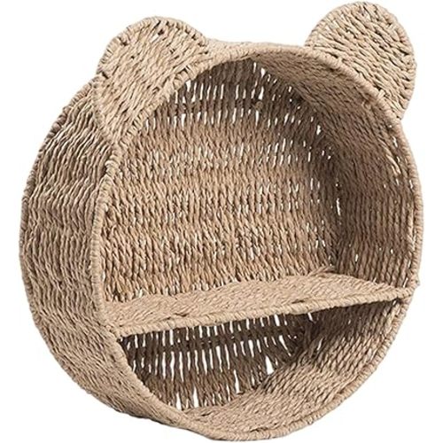 Bear Ear Shape Floating Shelves Rattan Woven Wall Shelf Hanging Storage Basket Small Plant Display Rack Home And Office