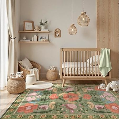 Floral Green Rug 8x10 Boho Washable Rug for Living Room, Colorful Soft Classroom Carpet Non Slip Ultra-Thin Dorm Decor, Vintage Botanical Carpet for Bedroom Nursery Kids Room (8x10ft,Green)
