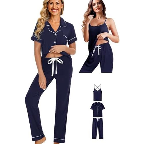 WJing Yi Jia Womens 3Pcs Soft Pajama Sets Sexy Camisole Lingerie XS-4XL Knit Pajamas Set Sleepwear Pjs Nightwear Lounge Sets