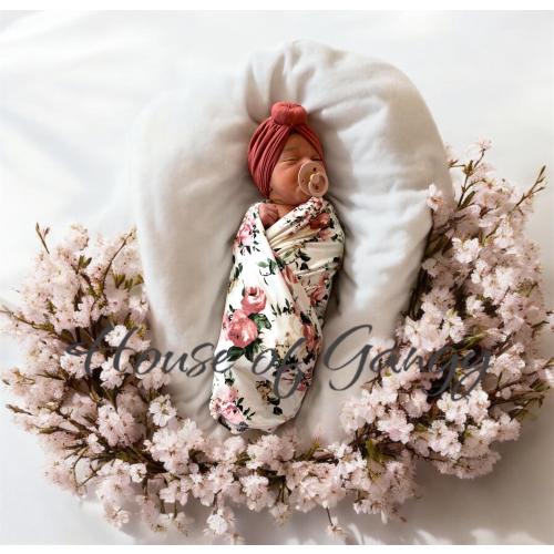 Baby Girl Coming Home Set Newborn Mauve Floral on Ivory Swaddle Set with Turban AND Headband Options