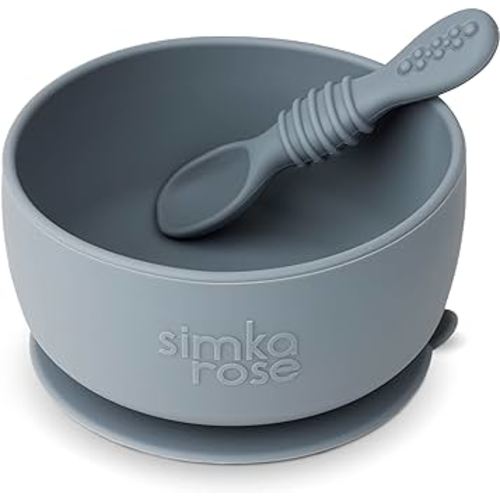 Simka Rose Baby Bowl and Spoon Set, Suction Bowls for Toddlers, BPA-Free Silicone, Dishwasher and Microwave Safe Feeding Supplies (Pebble)