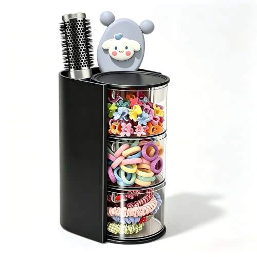 Azurphoric Hair Accessories Organizer with Hair Brush Holder(Black,3-Layer) | Rotatable Makeup Brush Holder for Necklaces, Earring, Bracelet, Ring, Makeup Brushes, Hair Clip and Hair Accessories
