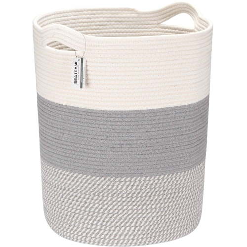 Sea Team Large Size Cotton Rope Woven Storage Basket Laundry Hamper with Handles, 14 x 20 inches, White & Mottled Grey