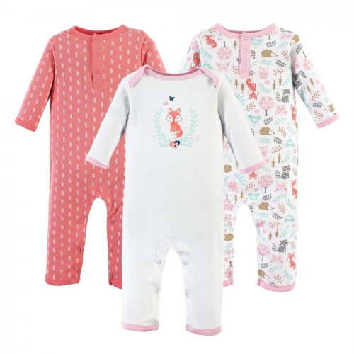 Hudson Baby Infant Girl Cotton Coveralls 3pk, Woodland Fox, 3-6 Months
